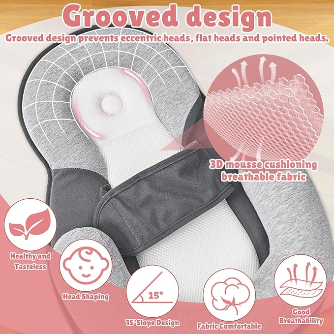Baby Wedge Pillow for Infant with Safety Strap, Reflux Baby Pillow, Relief & Spit-Up Prevention, Removable Cover for Breastfeeding, Bottle Feeding