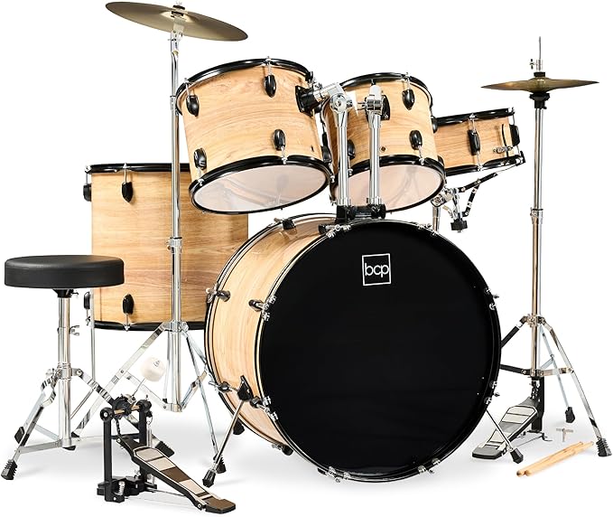 Best Choice Products 5-Piece Full Size Complete Adult Drum Set w/Cymbal Stands, Stool, Drum Pedal, Sticks, Floor Tom - Natural