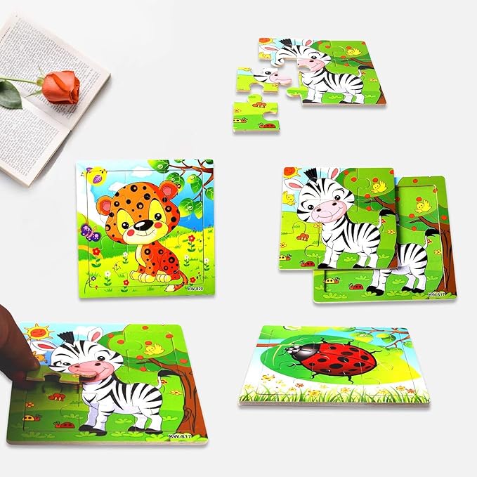 SANNIX 12 Pack Jigsaw Puzzles for Toddlers Wooden Animals Jigsaw Puzzles 9 pcs with 12 Organize Bags for Kids Ages 2 3 4 5 Preschool Educational Puzzles Learning Travel Toys for Boys and Girls