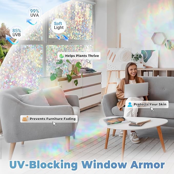 DOWELL Window Privacy Film Rainbow Film, Stained Glass Decorative Sticker, Static Cling Non-Adhesive Glass Clings, Sun Blocking Heat Control Window Coverings for Home Door, 23.6" x 157.4"