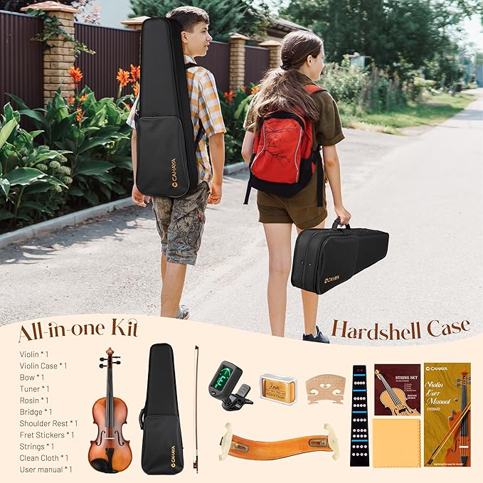 CAHAYA Violin 4/4 Full Size - Full Wooden Violin Set for Beginners Kids Adults Students Violin Kit with Hard Travel Case, Shoulder Rest, Extra Strings, Tuner