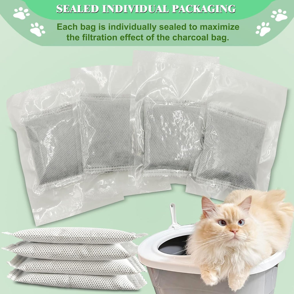Unscented Cat Litter Box Deodorizer Kit Stick-On Activated Carbon Odor Eliminators Compatible with most manual and automatic litter boxes (4 Refills+ 1 Box) (White, Unscented)
