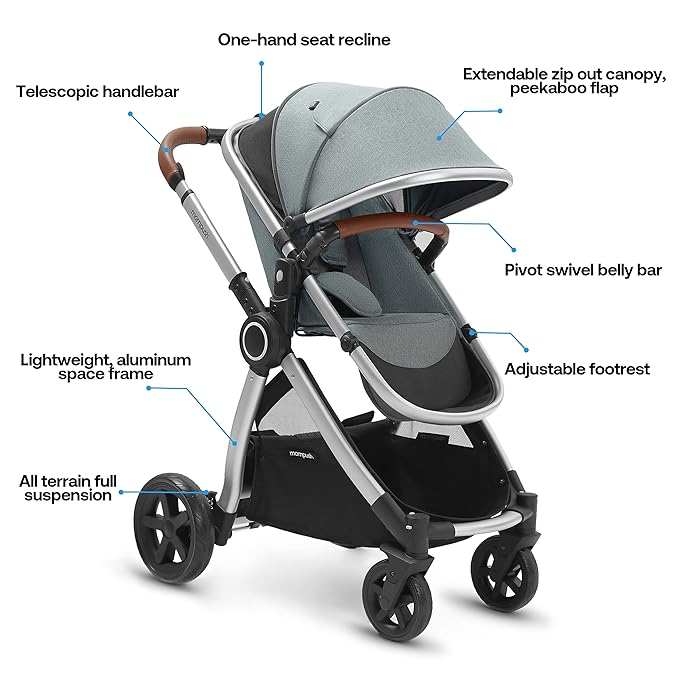 Mompush Ultimate 2 Baby Stroller for Infant and Toddler with Newborn Mode and Reversible Seat, All-Terrain Stroller with All-Wheel Suspension, Includes Car Seat Adapter and Large Storage Basket