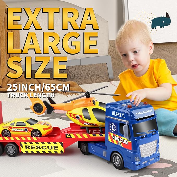Dwi Dowellin Tow Truck Toy for Kids,25.6" Semi Truck Toy with Racing Car and Helicopter, Semi-Trailer with Lights & Sounds,Birthday Gift for 2 3 4 5 Years Old Boys and Girls