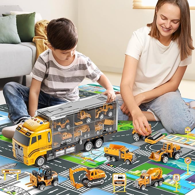 Toddler Boys Construction Truck Vehicle Toy Set with Play Mat and Die-Cast Toy Car, Transport Carrier Truck for Kids 3-5, Birthday Gifts Toys for 3-8 Year Old Boys
