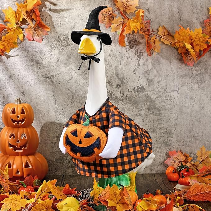 Sanwuta 1 Set Halloween Porch Goose Outfit Pumpkin Pillow Design with Hat for 23" Lawn Cement Goose Porch Geese Clothes Costume for Halloween Garden Patio Yard Outdoor Decorations