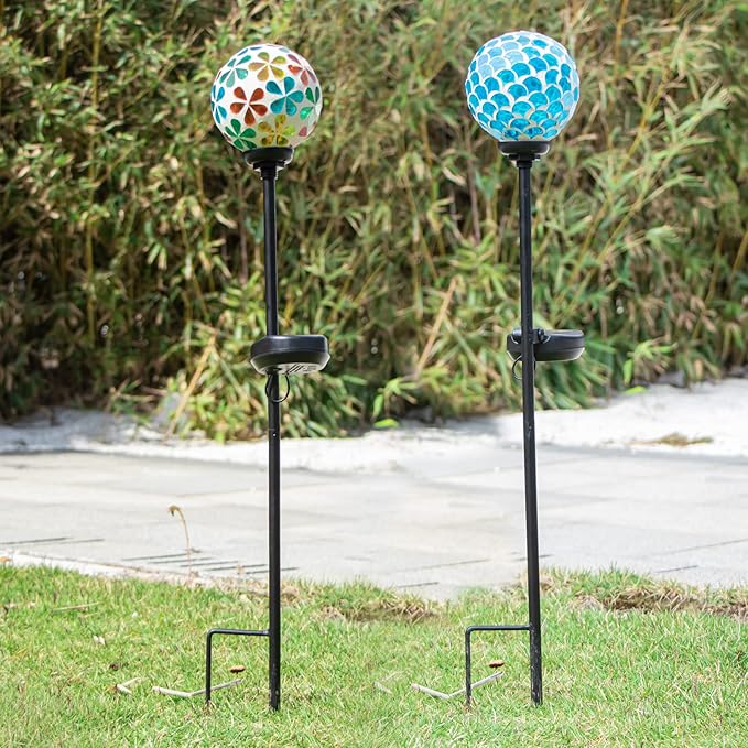 VCUTEKA Solar Garden Lights, Mosaic Solar Light Outdoor Waterproof LED Pathway Stake Light for Landscape Patio Yard Deck Walkway Decoration, 2 Pack