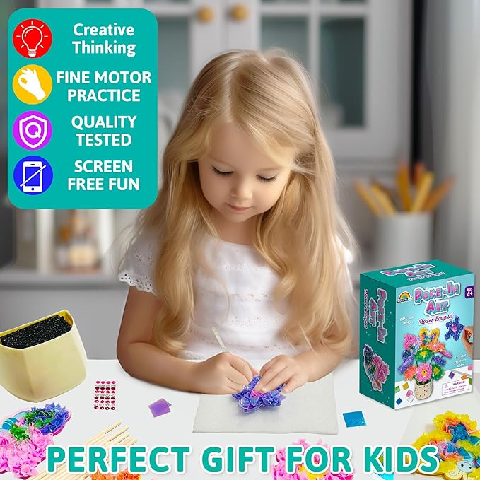 AGENTLAN Art & Craft Activity, Poke Fun Flower Bouquet Craft Kit, Fun & Easy Art Kits for Kids, DIY Garden Kids Activities, Gifts for Girls and Boys 3 4 5 6 7 8 9