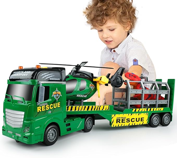 Dwi Dowellin Carrier Truck Kids Toys,25.6" Semi Truck Toy with Helicopter and Dinosaurs,Gifts for Age 3 4 5 6+ Years Old Boys Girls