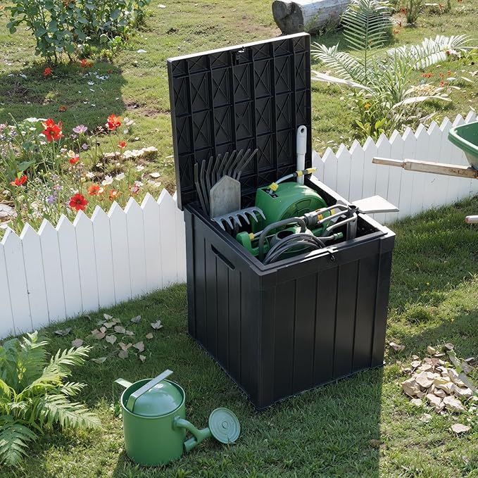 ROJIK Outdoor Storage Housing Deck Box - Waterproof Patio Furniture, Garden Tools, Cushions, Pool Accessories Storage Bench with Lockable Lid and Side Handles (Black, 50 Gal)