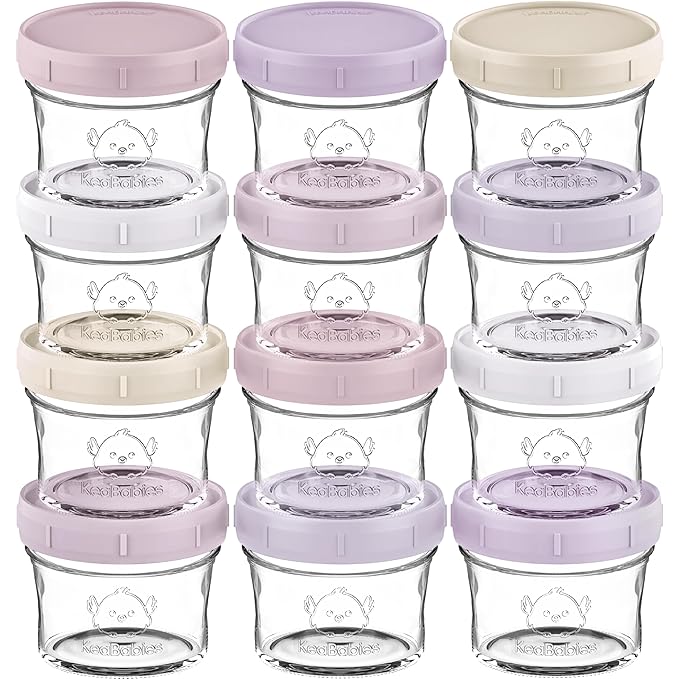 KeaBabies 12pk 4oz Glass Baby Food Containers with Lids - Leak-Proof, Microwavable Small Glass Jars, Baby Purees & Toddler Snack Storage Containers, BPA-Free, Dishwasher & Freezer Safe (Lilac)