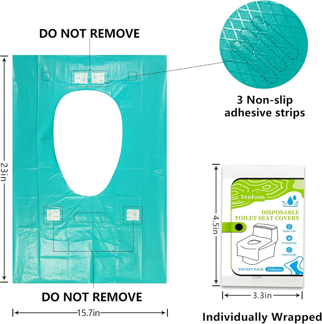 TenFans Toilet Seat Covers Disposable - 30 Count Individually Travel Pack - Sticker Free Faster Use - Waterproof XL Covers for Adults and Kids - Travel Accessories Public Restrooms, Camping, Airplane