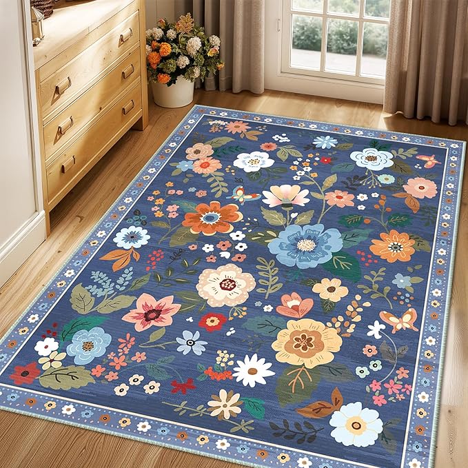 Floral 4x6 Area Rug Machine Washable Soft Print Boho Carpet Non Slip Doormat Low Pile Flower Area Rugs for Living Room Bedroom Nursery Kitchen Dining Room Indoor-Blue/Grey
