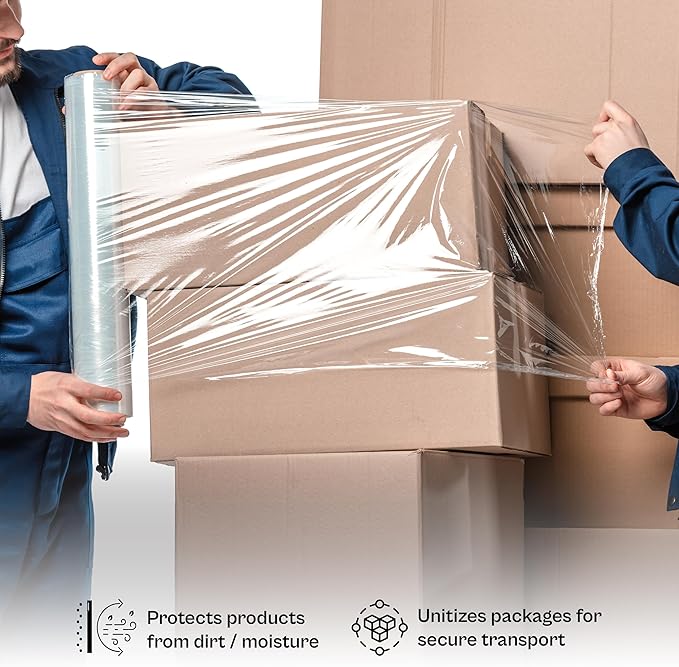 PSBM Stretch Wrap, 4 Pack, 18 Inch x 2000 Feet, 60 Gauge, Clear Plastic Cling, Cast Hand Stretch Film Rolls for Packaging Moving Packing Pallets