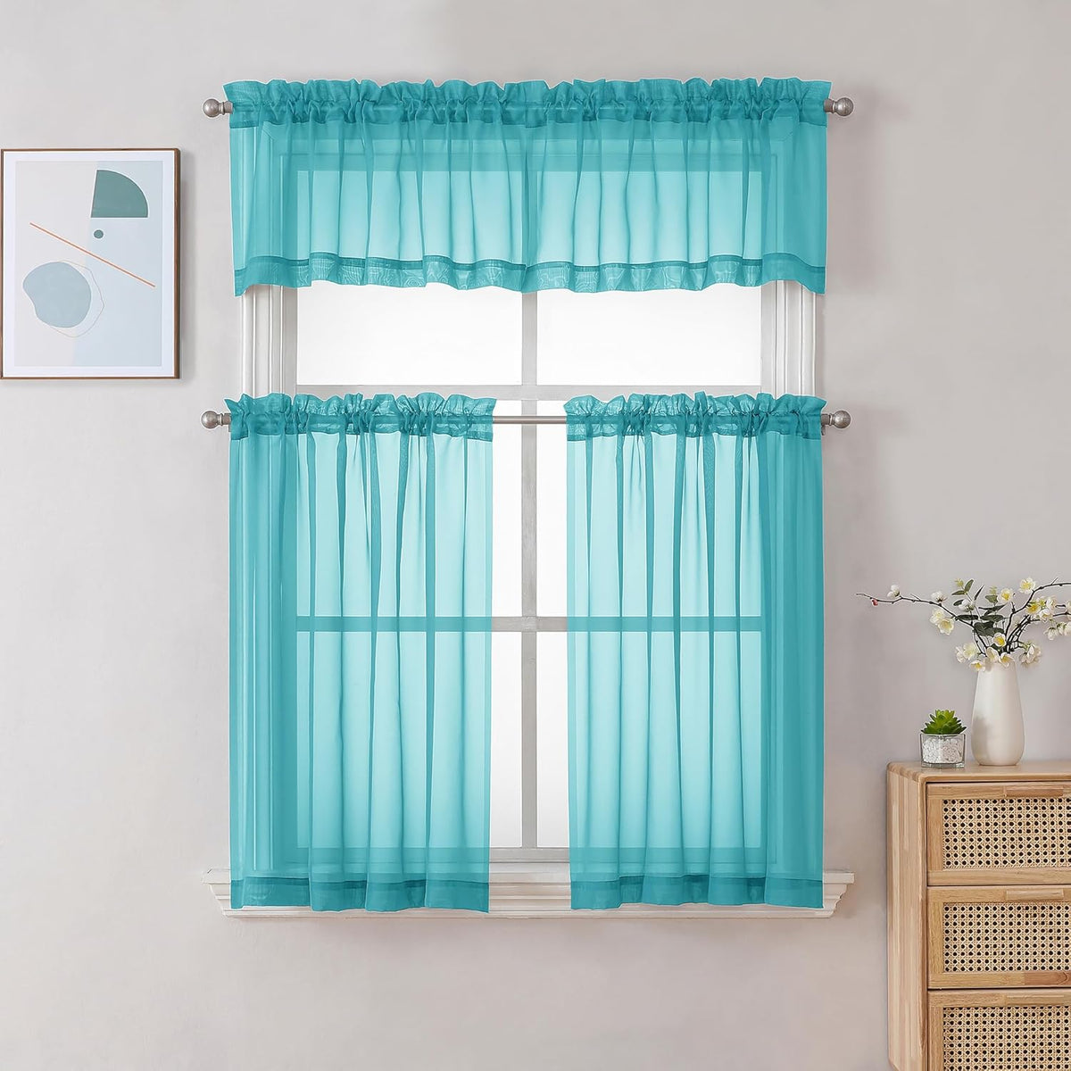 Chyhomenyc Turquoise Sheer Curtains 36 inch Length 2 Panels, Light Filtering Voile Rod Pocket Short Window Curtians for Bathroom Living Room Farmhouse Small Windows, 42Wx36L inches