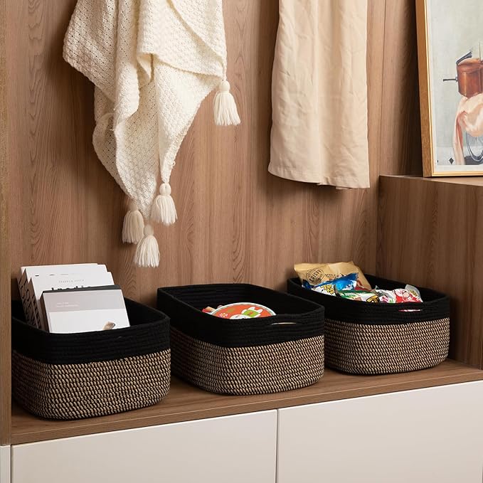 Storage Baskets for Organizing 3 Pack, Woven Baskets for Shelves, Closet Organizer Bins Empty Gift Basket Toy Storage for Toys, Books, Towels, Clothes, 15"x11.42"x6.7", Black & Yellow