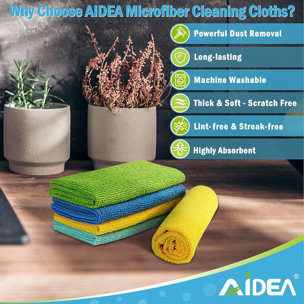 AIDEA Microfiber Cleaning Cloth 100PK, Soft Absorbent Rags, Microfiber Towels for Cars, Kitchen Towels, Dusting Cloth for Home, Window, Cleaning Supplies,12"×12"
