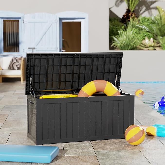 270 Gallon Waterproof Large Resin Deck Box Indoor/Outdoor Lockable Storage Container and Seating for Garden, Pool, and Patio (270 Gallon, Black)