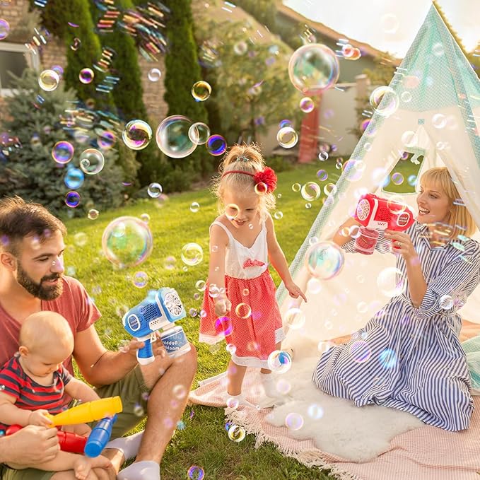 EagleStone 2 Bubble Guns Machine for Kids,8 Hole Light Up Bubble Maker with 4 Refill Solution and 10 Bubble Concentrate for Toddlers,Party Favors Birthday Fun Gifts for Girl Boy Outdoor Toy