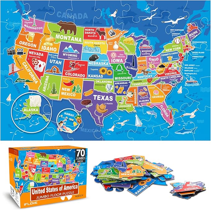Jumbo Floor Puzzle for Kids,USA Map Puzzle Jigsaw Geography Puzzles,70 Piece US Map 50 States with Capitals,United States Puzzle for Ages 3-5,Preschool Learning Toys Gift for 4-8 Years Old