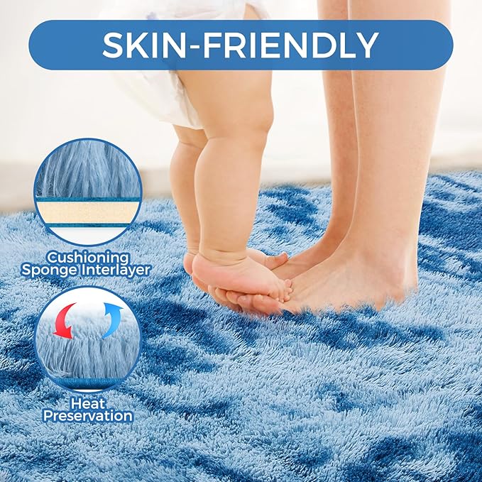 Ultra Soft Rug for Living Room, 3X5 Fluffy Shag Area Rug for Bedroom, Modern Shaggy Carpets Fuzzy Rug for Teens Dorm Nursery Home Decor Aesthetic, Upgrade Anti-Skid Durable, Tie-Dyed Blue Grey