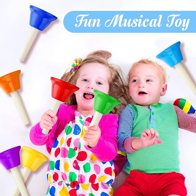 Fabbay 16 Pcs 8 Note Hand Bells Set Musical Handbells for Kids Colorful Diatonic Metal Bells Toy Percussion for Kids Toddlers Children Musical Teaching Church Chorus Wedding Family Birthday Party