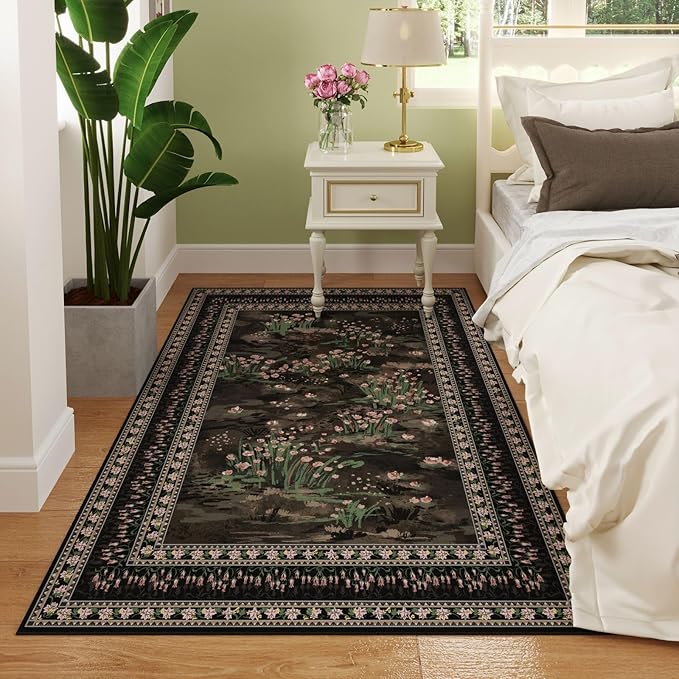 3x5 Washable Rug Impressionist-Style Vintage Non Slip Low Pile Small Carpet for Bedroom Bedside Kitchen Entryway Kids Room Office College Dorm Essentials for Girls, Black
