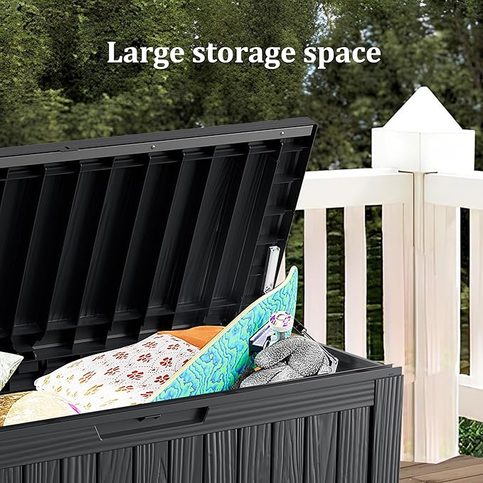80GAL Black Outdoor Deck Box with Lockable Lid - Waterproof, SGS - Tested UV Resistance, Offers Ample Space for Patio Cushions, Pool Accessories, and Gardening Supplies, Simple Assembly Process