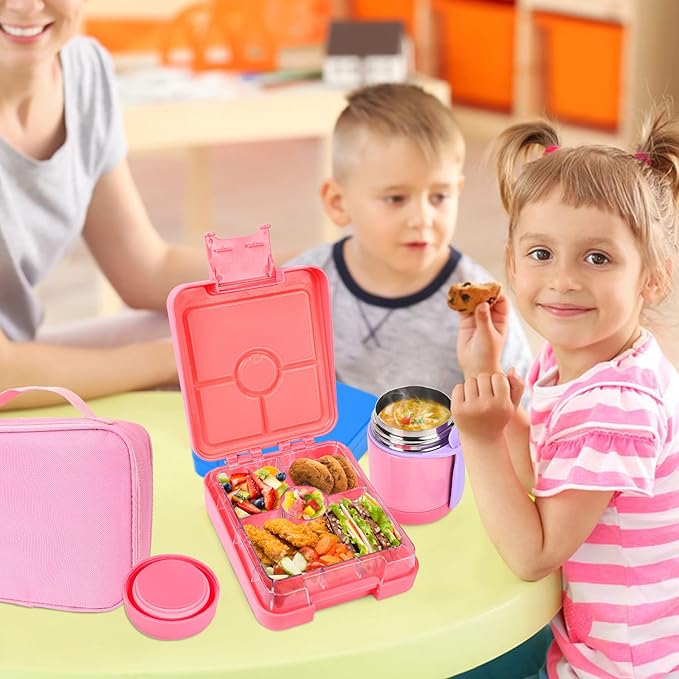 Bento Lunch Box Set With 10oz Soup Thermo, Leak-proof Lunch Containers with 4 Compartment, Kids Hot Thermo Food Jar/Insulation Lunch Bag, Food Containers for School（Solid）