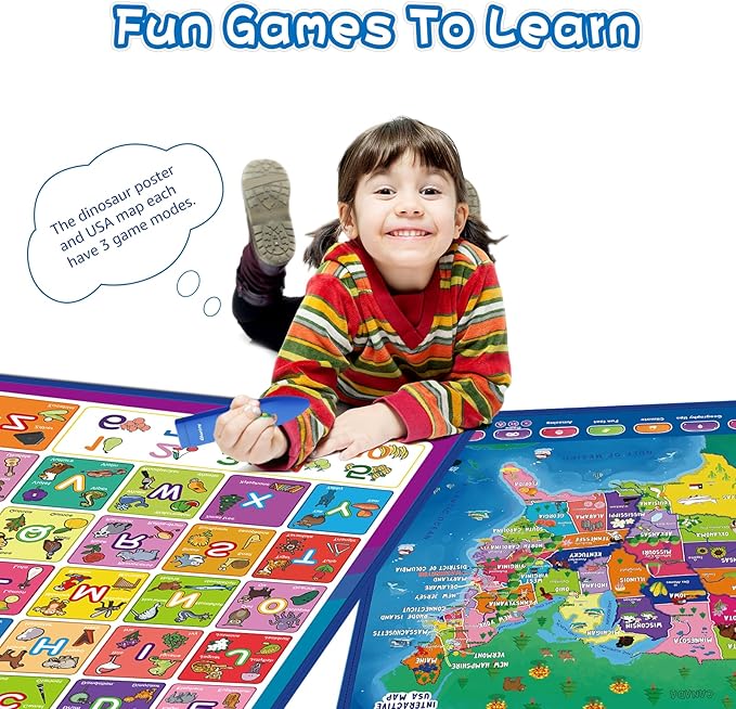 Bilingual Interactive for Kids Talking USA Map Alphabet Poster for Toddlers Learning and Educational Toys,Talking Educational Chart for Ages 3 to 12 Years Old,Learning ABC Letters for Preschool/Gift