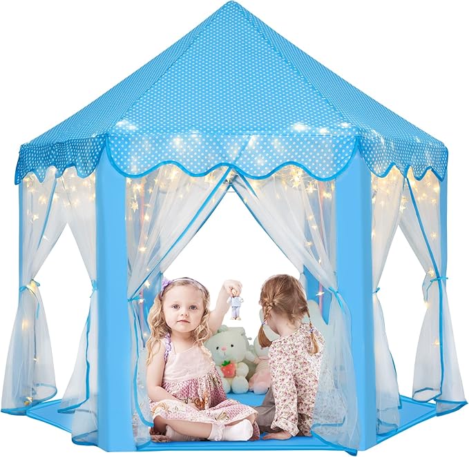 Monobeach Princess Tent Girls Large Playhouse Kids Castle Play Tent with Star Lights Toy for Children Indoor and Outdoor Games, 55'' x 53'' (DxH) (Blue Prinecss Tent with Little Star Lights)