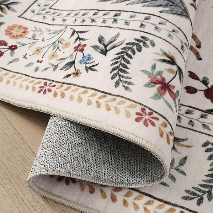 Rugcomf Living Room Rug 6x9 Rug Machine Washable Boho Area Rug Non Slip Floral Animal Vintage Low Pile Large Rug for Living Room, Bedroom, Farmhouse, Dining Room, Kids Playroom (Beige)