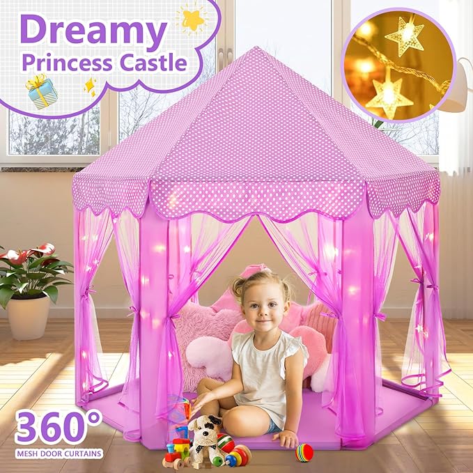 Monobeach Princess Tent Girls Large Playhouse Kids Castle Play Tent with Star Lights Gift Toy for Children Indoor and Outdoor Games, 55'' x 53'' (DxH) (Purple)