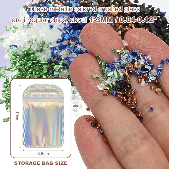 uxcell 6 Colors Crushed Glass Chips, 1-3mm Irregular Glitter Metallic Glass Broken Glasses Pieces with Laser Bag for Craft DIY Vase Epoxy Halloween Decoration 31g, Multicolored