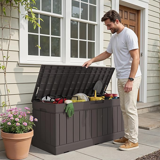 Devoko 78 Gallon Deck Box, Waterproof Resin Outdoor Storage Box for Outside and Patio, Outdoor Storage Bench Lockable for Patio Furniture, Garden Tools and Pool Supplies (Brown, 78 Gallon)