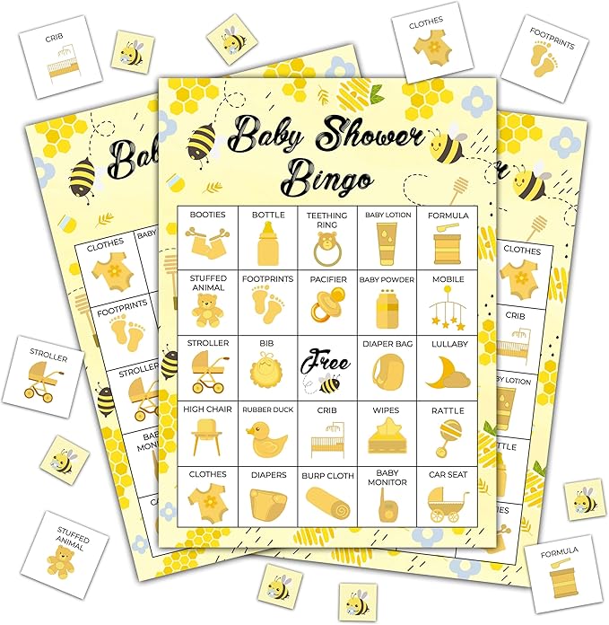 Baby Shower Bingo - 24 Player Bee Themed Game for Adults and Gender Reveal Parties