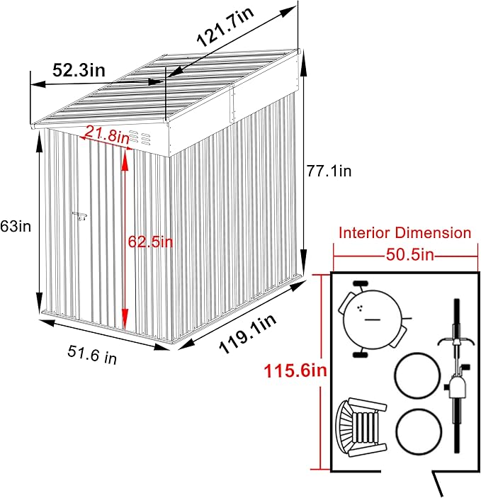 MUPATER 4×10 FT Storage Shed for Outdoor,Lean-to Shed Kit with Thickened Galvanized Steel, Metal Tools Shed with Lockable Door and Air Vents for Patio Garden, Grey