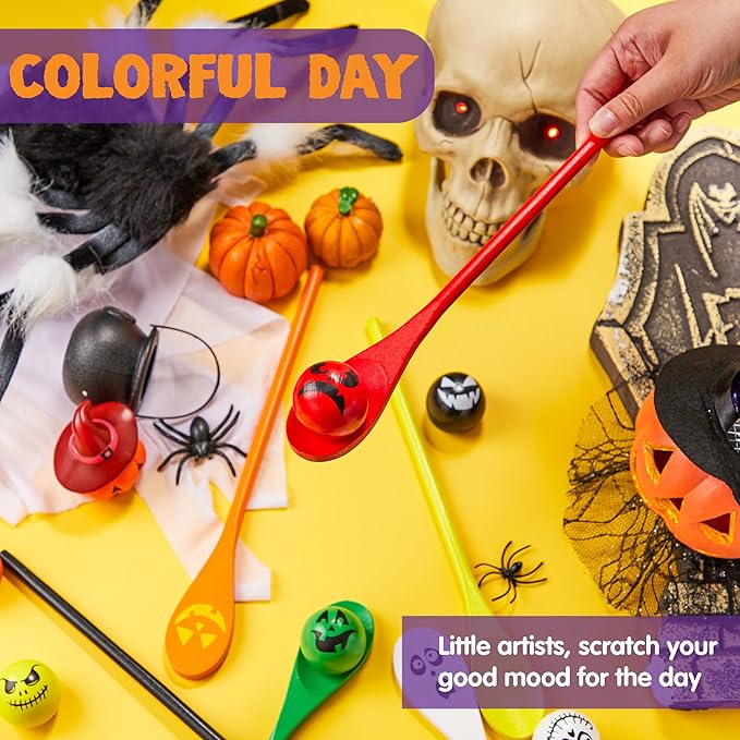 JOYIN 6 Pcs Halloween Egg and Spoon Race Game Set; Eyeballs and Spoons with Assorted Colors for Kids Adults Halloween Outdoor Fun Games, Party Favor Supplies, Classroom Activities