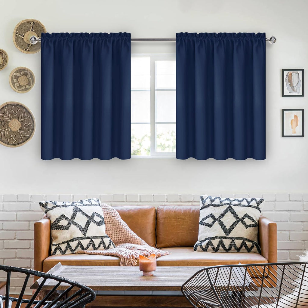 DWCN Short Curtains for Bathroom Windows 36 inches Length 2 Panels Set, Half Window Blackout Curtains for Kitchen, Rod Pocket Energy Saving Drapes (W60 x L36 Inch, Navy Blue)