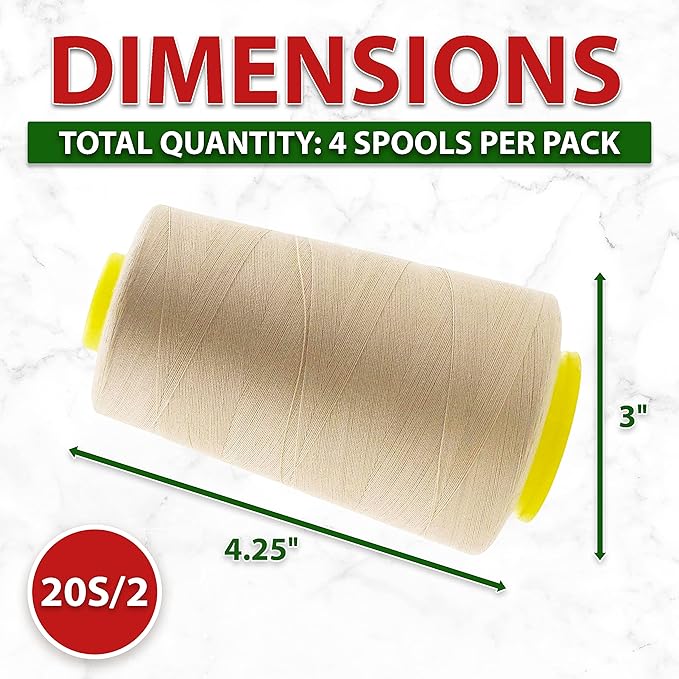 Mandala Crafts 4 Pack of Serger Threads Cones Spools - 20S/2 24000 Yards Polyester Cream Threads for Sergers Machine and Overlock Quilting Sewing Machine