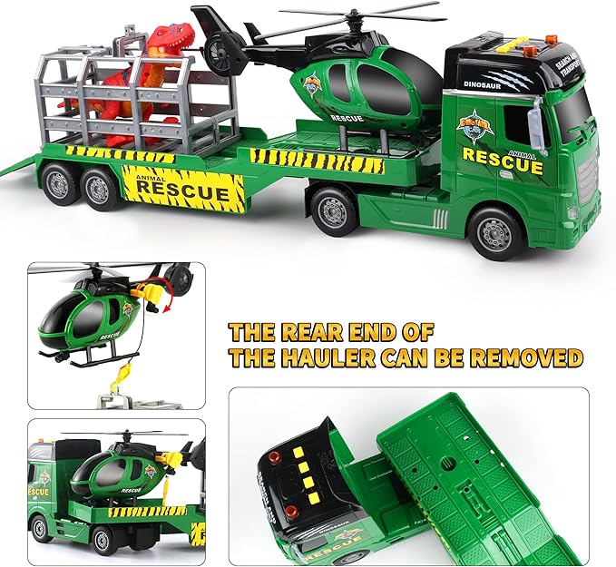 Dwi Dowellin Carrier Truck Kids Toys,25.6" Semi Truck Toy with Helicopter and Dinosaurs,Gifts for Age 3 4 5 6+ Years Old Boys Girls