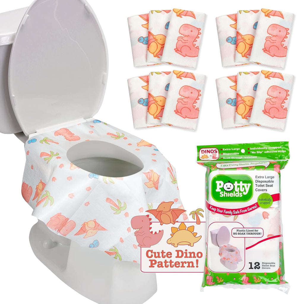 Toilet Seat Covers Disposable (12 pk, Dinosaurs) - XL Waterproof Toilet Cover for Toddlers, Kids & Adults - Portable & Individually Wrapped for Travel, Potty Training, Public Restrooms