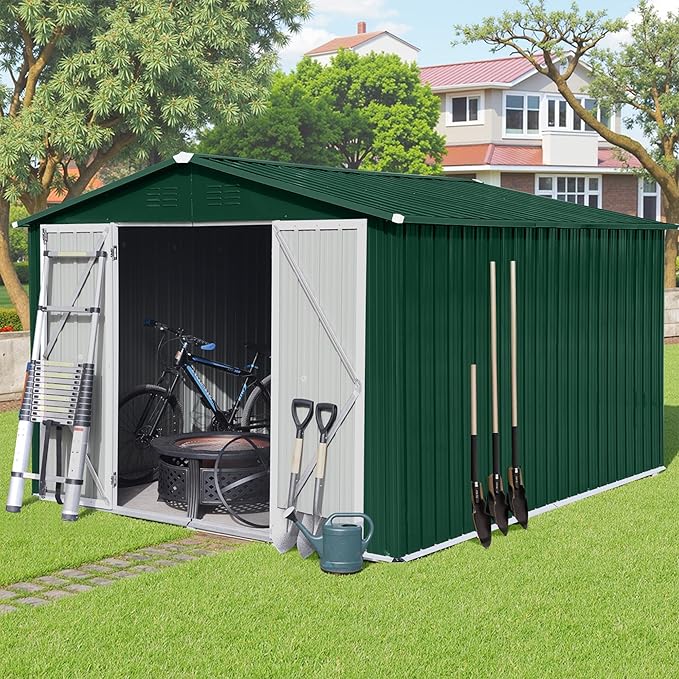 Sheds & Outdoor Storage 8 ft × 10 ft Storage Shed Large Classic Apex Roof Metal Garden Storage Sheds with Hinged Door Tool Cabinet for Backyard, Patio, Poolside, Green