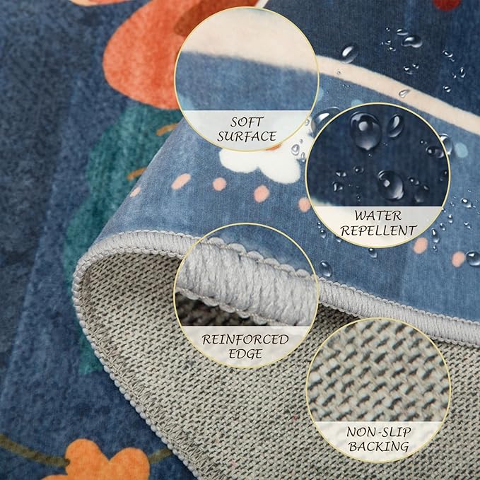 Floral 6x9 Area Rug Machine Washable Soft Print Boho Carpet Non Slip Doormat Low Pile Flower Area Rugs for Living Room Bedroom Nursery Kitchen Dining Room Indoor-Blue/Grey