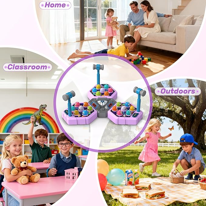 3-Player Whack Game Mole Toy for Ages 3+, Early Learning Toy with Lights & Sounds, Interactive Pounding Hammer Toy with 3 Game Modes, Perfect for Families with Multiple Kids of Different Ages