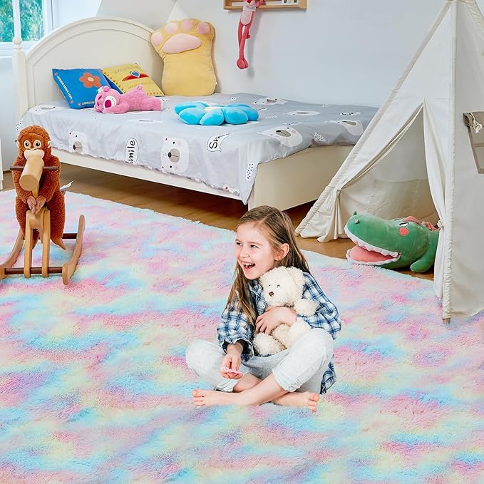 Ultra Soft Rug for Living Room, 9X12 Fluffy Shag Area Rug for Bedroom, Modern Shaggy Carpets Fuzzy Rug for Teens Dorm Nursery Home Decor Aesthetic, Upgrade Anti-Skid Durable, Rainbow