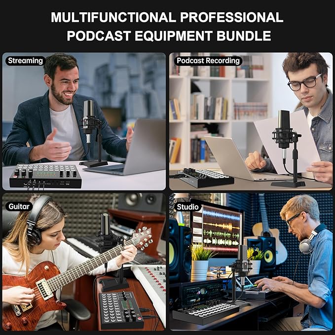 RHM Podcast Equipment Bundle, All-in-One Audio Interface DJ Mixer with Microphone, Stand, Monitor Earphone, Audio Mixer With Sound card for PC/Laptop/Phone, Streaming/Podcasting/Gaming (M9 Set)
