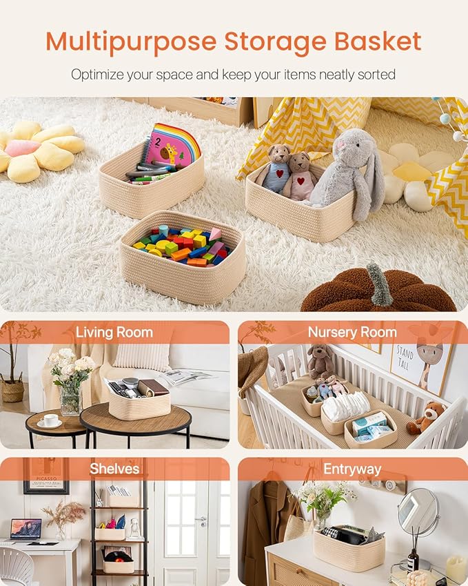 KALLAX Small Woven Basket, 12 x 8 x 4.5 Inches, Storage Basket for Organizing, Cute Small Rope Shelf Closet Cube Storage Bins Baskets for Shelves, Dog Toy Gift Baskets Empty, 3 Packs, Beige