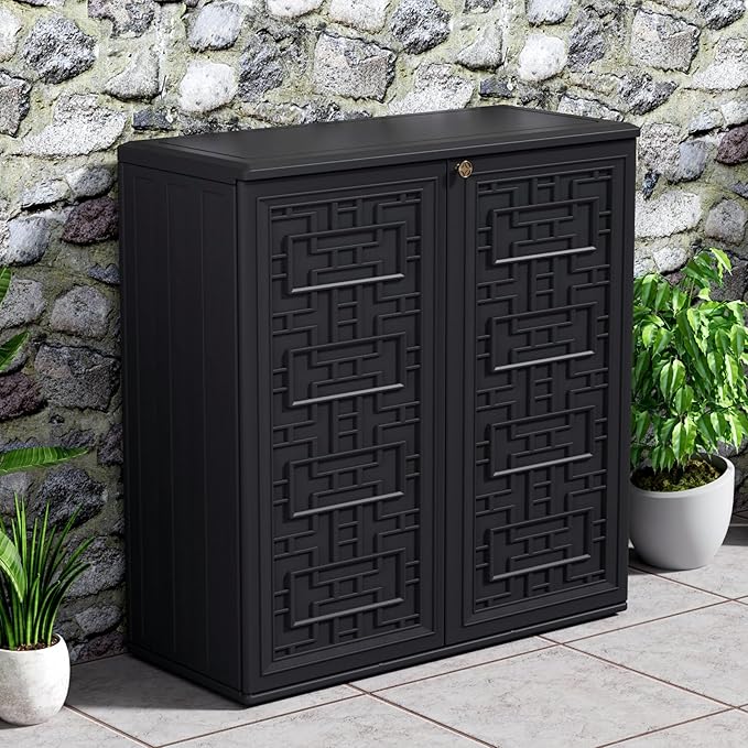 Indoor Outdoor Storage Cabinet Waterproof with Shelf,Plastic Storage Sheds Outdoor Cabinets for Patio/Garden/Backyard, Size 34.3''L*15''W*36.2''H（Black）