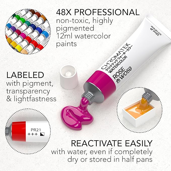 CHROMATEK Watercolor Paint Set - 84 Piece Kit for Adults, Beginner & Professional Artists - 48 Tubes (12ml), 25 Page Sketch Paper Pad, 8 Painting Brushes, Aquapen, Palette, Masking Tape - Art Supplies